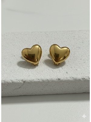 Çelik Takı Kadın Klipsli Çift Taraflı Kalpli Kararmaz Paslanmaz Gold Çelik Küpe Günlük Kullanım