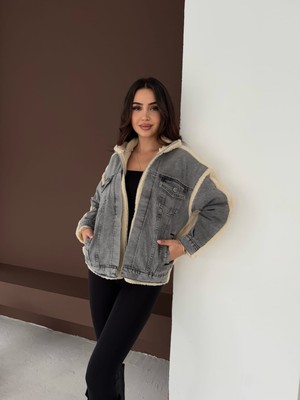 DAME Kadın Siyah Jean Garnili Fermuarlı Kuzu Peluş Mont