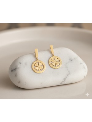 Çelik Takı Yonca Detaylı Sallantılı Daire Çelik Şans Küpesi