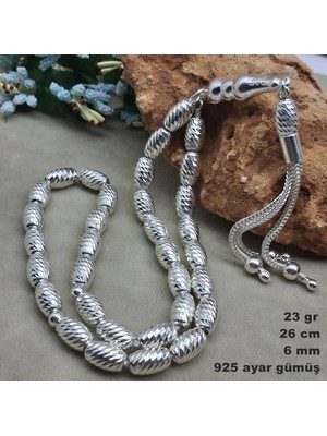 Bir Gümüş Aşkı Gümüş Tesbih Arpa Kesim Kalem Işlemeli Orta Boy 23 gr 6 mm