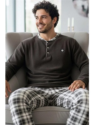 Füme Kahve Ekose Desenli polar erkek pijama takımı