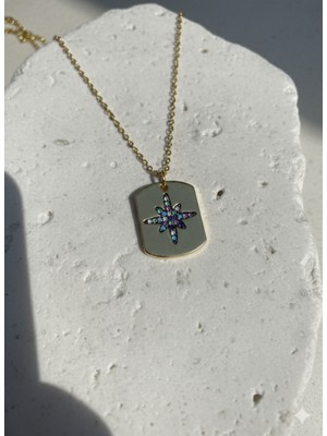 Çelik Takı Kadın Zirkon Taş Detaylı Kutup Yıldızı Plaka Kararmaz Paslanmaz Çelik Kolye