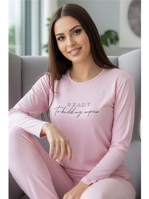 Pijama Evi Açık Pembe Ready Desenli Uzun Kollu Dublin Örme Kadın Pijama Takımı
