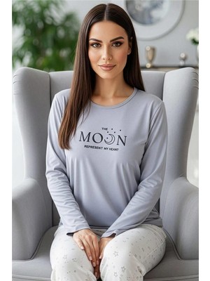 Gri Moon Desenli Uzun Kollu Bambu Örme Kadın Pijama Takımı