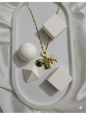 Çelik Takı Manifest Dünya Turu Çelik Charm Kolye Uçak Pasaport