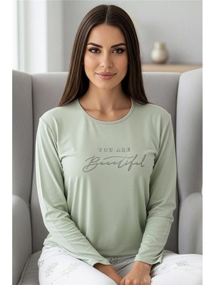 Pijama Evi Mint Beautiful Desenli Uzun Kollu Bambu Örme Kadın Pijama Takımı