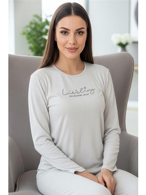 Pijama Evi Açık Gri Liebling Desenli Uzun Kollu Dublin Örme Kadın Pijama Takımı