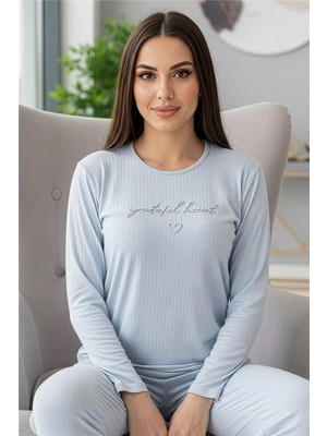 Pijama Evi Bebe Mavisi Grateful Desenli Uzun Kollu Dublin Örme Kadın Pijama Takımı