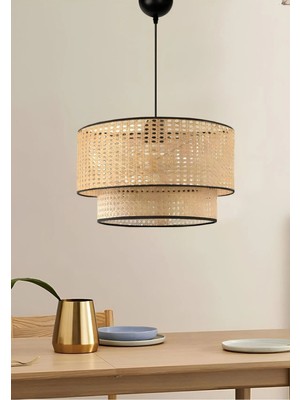 Feyza Design Doğal Hazeran Rattan 2 Katlı Pasta Sarkıt Avize, Şık ve Modern Dekorasyon