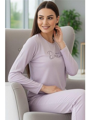 Pijama Evi Lila Dreams Desenli Uzun Kollu Dublin Örme Kadın Pijama Takımı