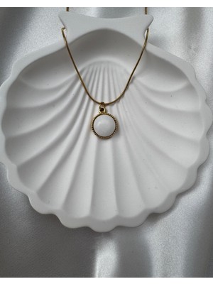 Çelik Takı Kararmaz Çelik Beyaz Sedefli Mineli Kolye