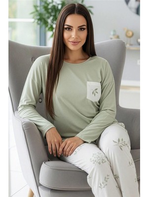 Mint Leaf Desenli Uzun Kollu Bambu Örme Kadın Pijama Takımı