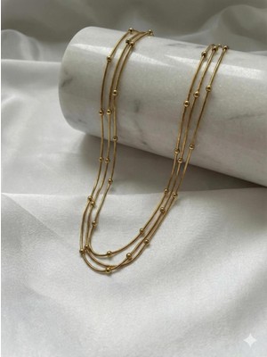 Çelik Takı Kadın Üçlü Dorika Yılan Zincirli Gold Çelik Kombin Kolye Kararmaz Paslanmaz Günlük Kullanım