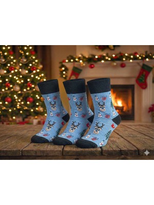 Biricik İç Giyim Yeni Yıl, Yılbaşı, Noel, Geyikli, Kardan Adamlı, Mavi Kadın Desenli Çorap  3 Lü Paket (3 Adet)