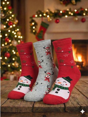 Biricik İç Giyim 🧦 Yeni Yıl, Yılbaşı, Noel, Kırmızı Gri Renk Çoraplar, Geyikli Desenli Soket Çorap 3 Lü Paket (3 Adet)