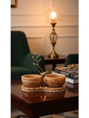 Montdekor El Yapımı Mermer Taşlı Bronz Desenli Kase (10x20x12 cm)