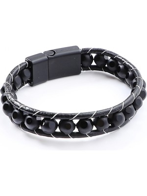 Desenli Oniks Doğaltaşlı Deri Bileklik