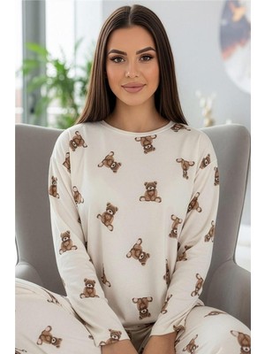 Beige Teddy Desenli Uzun Kollu Bambu Örme Kadın Pijama Takımı