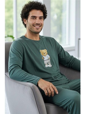 Yeşil Bear Desenli Stylish Erkek Uzun Kol Pijama Takımı