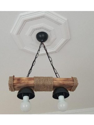 Feyza Design Doğal Masif Ahşap Avize, 2'li Halatlı Rustik Dekorasyon LED Işık