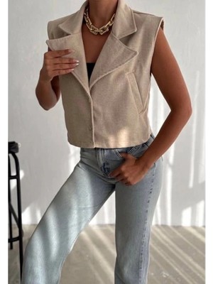 Neva Look Önü Çıtçıtlı Cepli Kaşe Yelek Bej