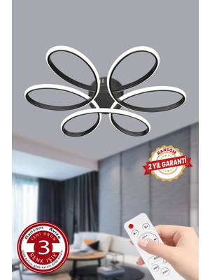 Feyza Design Büyük Siyah LED Avize, Kumandalı, Modern Papatya Tasarımı