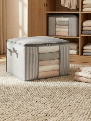 Nacarev 2 Adet Orta Boy Pencereli Çizgi Desen Baskılı Antrasit Dolap içi Kıyafet Düzenleyici Hurç Seti 45x40x30 cm