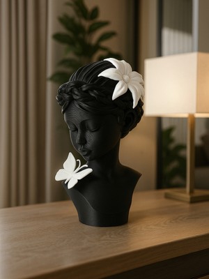 Linova Kafasında Çiçek Omzunda Kelebek Olan Kadın Heykel Biblo Dekoratif Obje