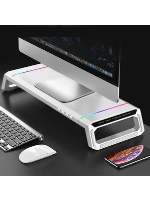 Rgb Işıklı Laptop Sehpası ve Mönitör Standı, 4 USB Hub, Telefon Tutuculu