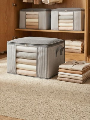 Nacarev 3 Adet Orta Boy Pencereli Çizgi Desen Baskılı Dolap Içi Kıyafet Düzenleyici Hurç Seti 45X40X30 cm