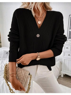 EkinDemir V Yaka Düğmeli Baklava Desen Dokuma Detaylı Uzun Kollu Triko Hırka