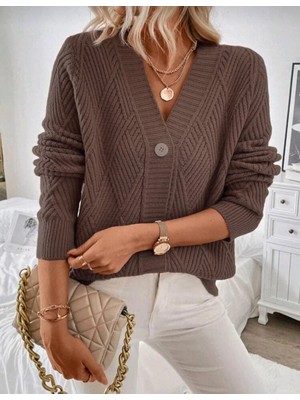 EkinDemir V Yaka Düğmeli Baklava Desen Dokuma Detaylı Uzun Kollu Triko Hırka