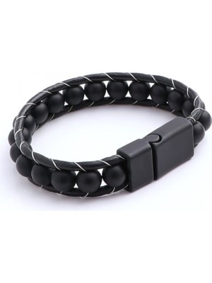 Mat Oniks Taşı Örmeli Deri Bileklik