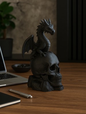 Linova Kafatası Üzerindeki Ejderha Heykel Biblo Dekoratif Obje