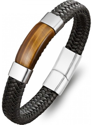 Siyah Deri Kaplan Gözü Taşlı 316L Çelik Erkek Bileklik