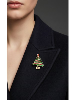 EFEAKS Kırmızı Yeşil Kristalli Işıltılı Yılbaşı Ağacı Broşu – Noel Temalı Aksesuar