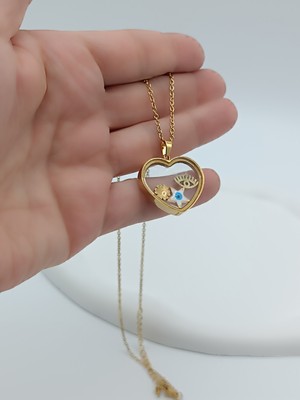 Lagül Aksesuar 316L Çelik Kararmaz Kalp Cam Çerçeve Içinde Nazar Boncuklu Yıldız, Göz ve Çicek Detaylı Gold Kolye