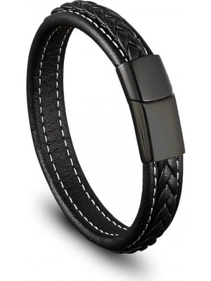 Siyah & Siyah Saç Örgülü Deri ve Çelik Bileklik