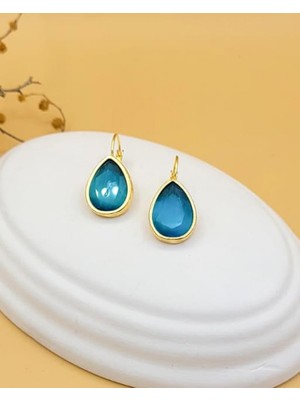 Nevoka Petrol Mavisi Kedi Gözü Sıvama Altın Kaplama Iri Damla Küpe