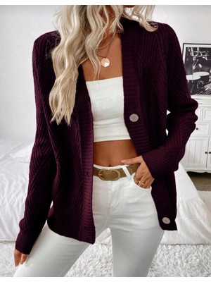 EkinDemir V Yaka Düğmeli Baklava Desen Dokuma Detaylı Uzun Kollu Triko Hırka