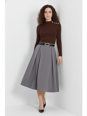 Renklime Gold Düğmeli Balıkçı Yaka Fitilli Kaşkorse Bluz – Kahverengi