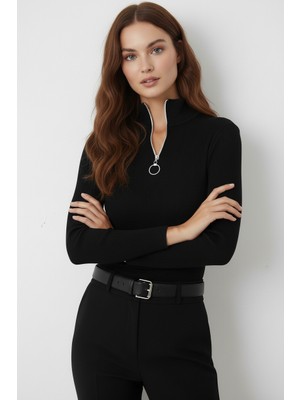 Datatek Kaşkorse Fermuarlı Yarım Balıkçı Yaka Bluz - Siyah