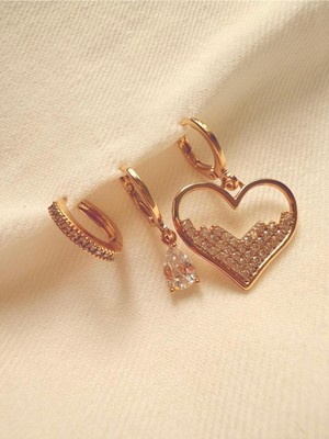 Melanj Craft Üçlü Kalp Sembollü Tasarım Çelik Küpe - Gold