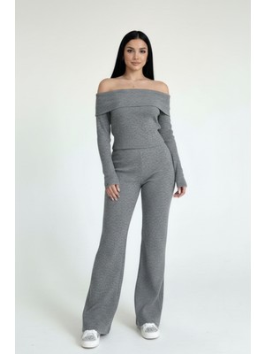 Renklime Kadın Madonna Yaka Gri Alt Üst Takım