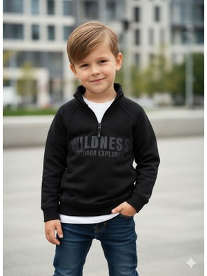 Selvira Erkek Çocuk 2'li Üst Giyim Seti - Wildness Baskılı Yarım Fermuarlı Dik Yaka Sweatshirt ve Uzun Kollu Tişört