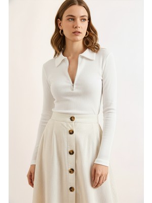 Renklime Beyaz Polo Yaka Fermuarlı Kaşkorse Pamuklu Bluz