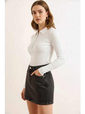 Renklime Fermuarlı Polo Yaka Kaşkorse Pamuklu Bluz - Beyaz