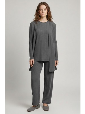 Renklime Kadın Gri Ribanalı Üçlü Takım Uzun Hırka Bisiklet Yaka Bluz Lastikli Boru Paça Pantolon