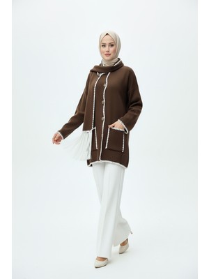 Renklime Kadın Nakış Detaylı Atkılı Yumuşak Ceket - Kahverengi