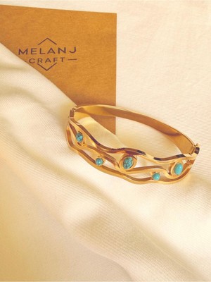 Melanj Craft Mavi Çoklu Taşlı Çelik Kelepçe Bileklik - Gold - 6 cm